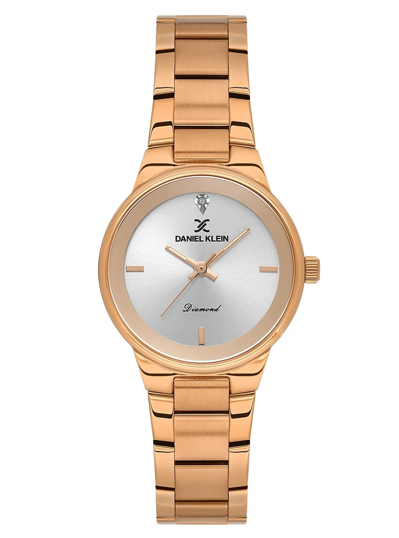 DANIEL KLEIN Women's Stainless Steel Rose Gold Steel Case Analog Silver Round Sunray Dial Japanese Quartz Diamond 30 Meters Water Resistant